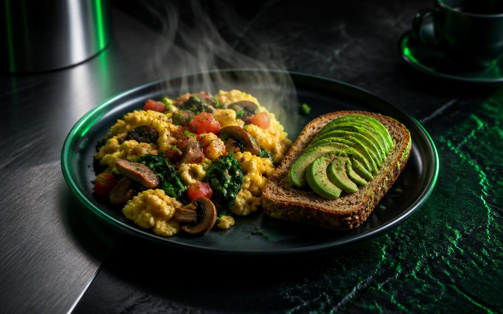 Scrambled eggs with spinach, mushrooms and tomato with avocado toast
