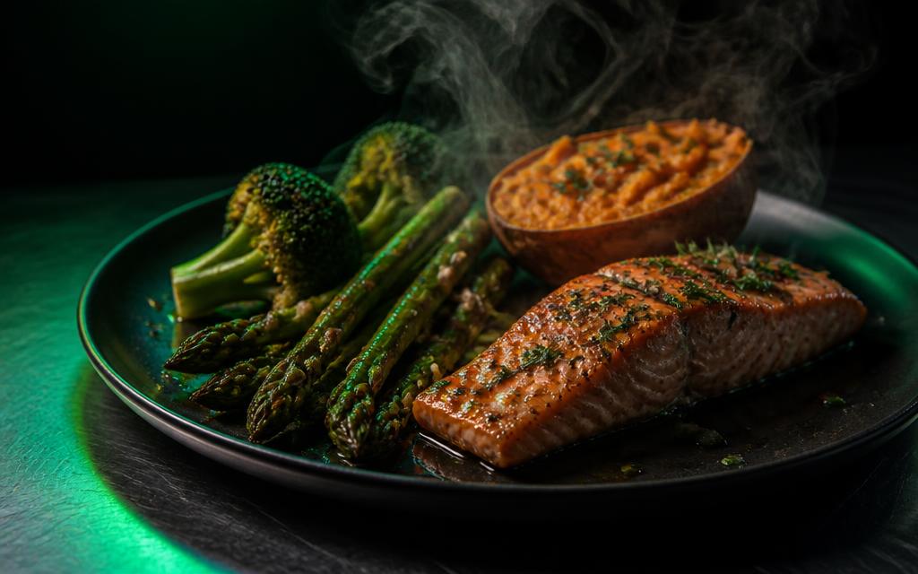 Baked salmon with sweet potato, broccoli and asparagus
