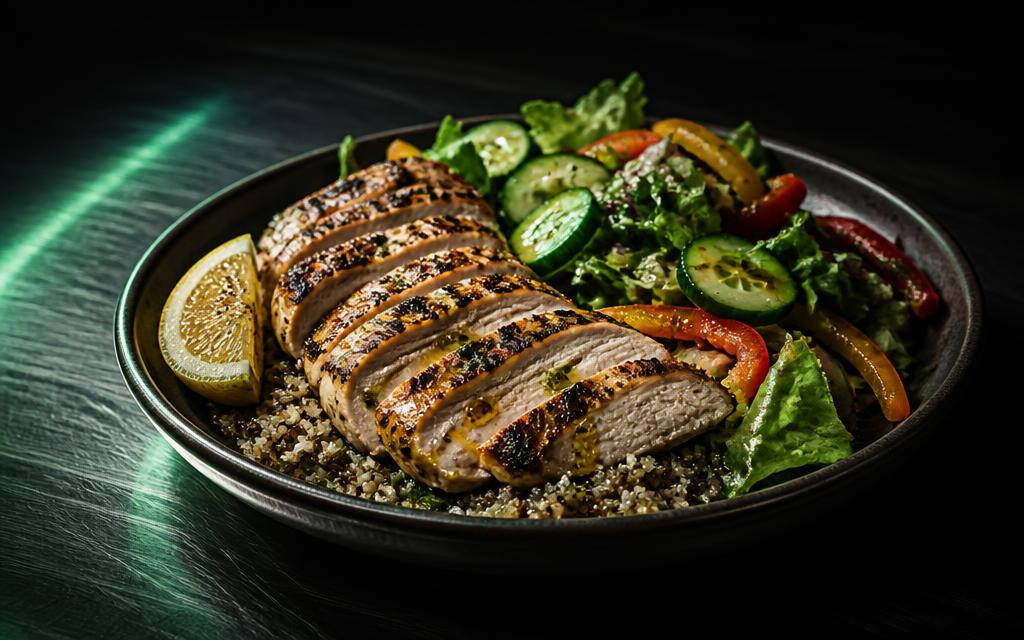 Grilled chicken breast over quinoa with a large green salad