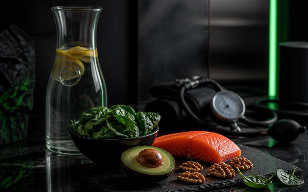 Lemon water, spinach, avocado, salmon and walnuts on obsidian with a blood pressure cuff
