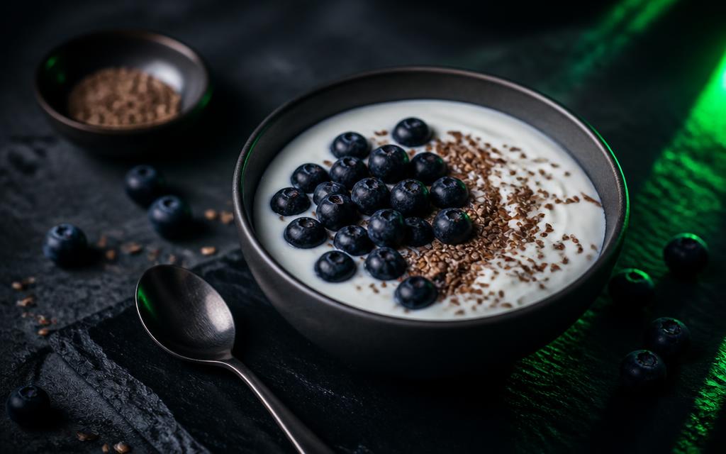 Greek yogurt with ground flaxseed and blueberries