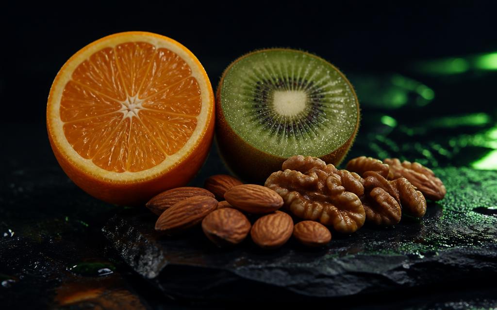 Fresh orange and kiwi with raw unsalted almonds and walnuts