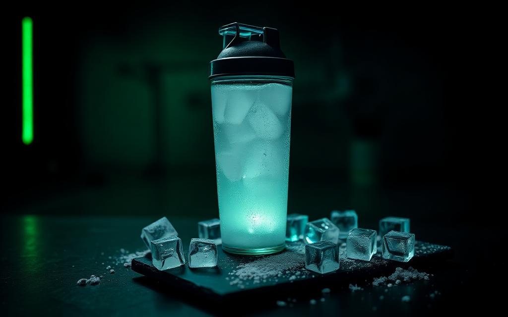 Iced electrolyte shaker bottle with ice cubes