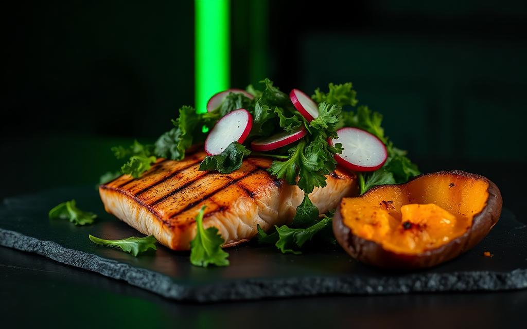 Grilled salmon with greens salad and sweet potato