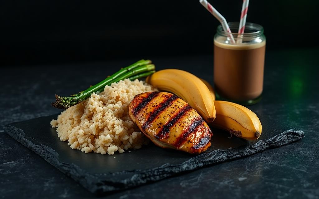 Grilled chicken, rice, asparagus and a recovery shake