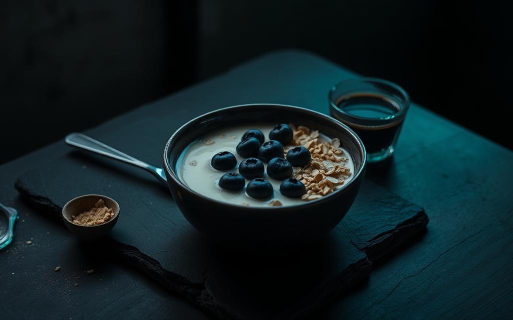 Oats with blueberries, protein powder and espresso