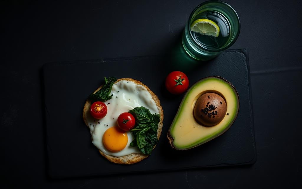 Scrambled eggs with spinach, avocado and lemon water on dark slate